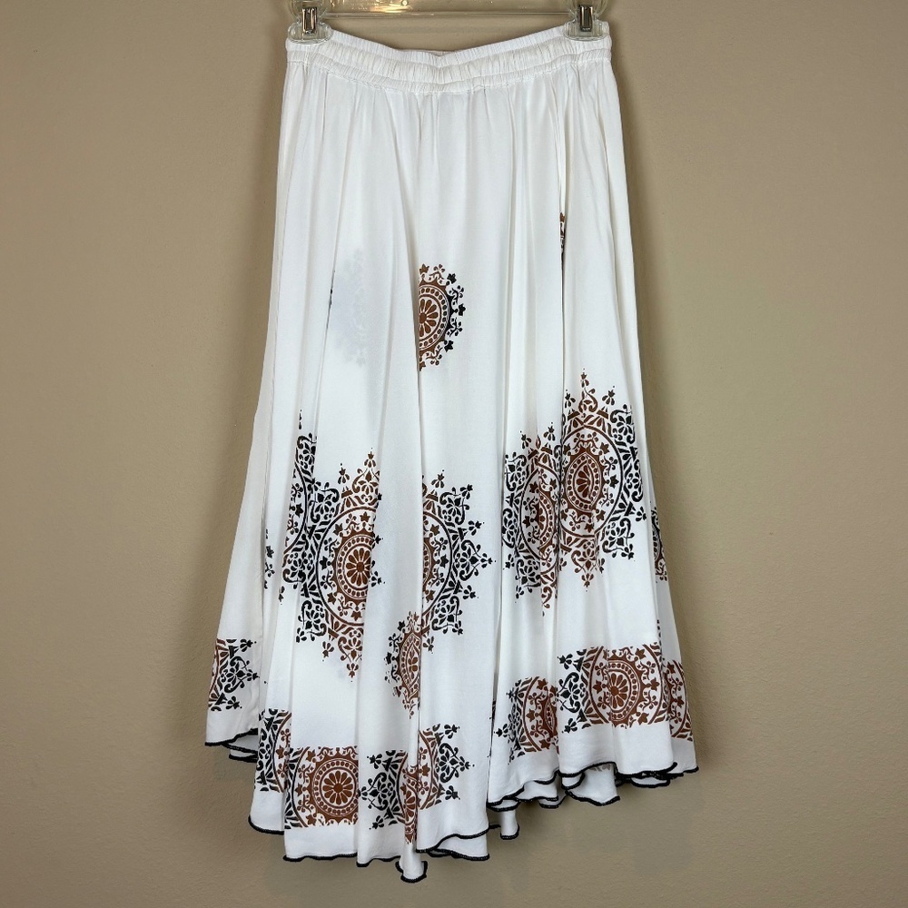 LA Fille Ivory/Black/Brown Boho Flowy Midi Skirt w/ Front Waist Tie; Size 30 (M) - Picture 4 of 7